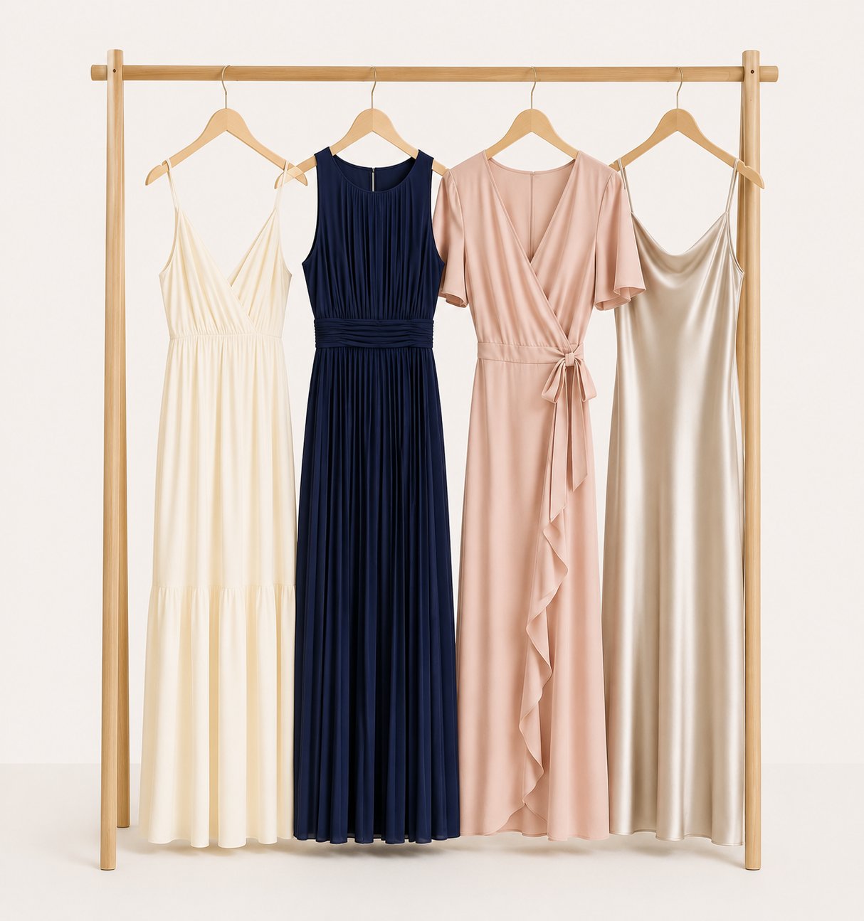 Four tall women's dresses on a wooden rack